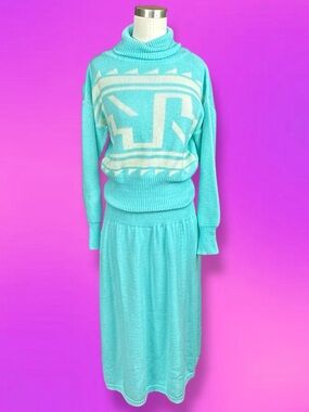 Vintage Abstract Retro Knit Turtleneck Balloon Sleeve Sweater Midi Skirt Set
